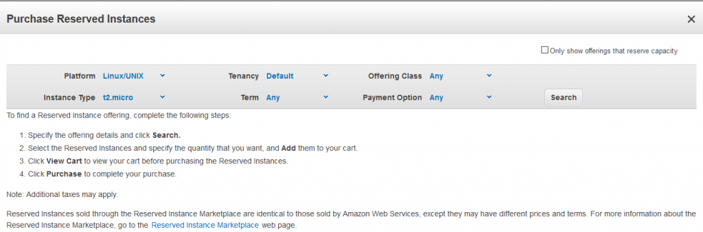 Choose the Platform, Instance Type, Tenancy, Term, Offering Class, Payment Options