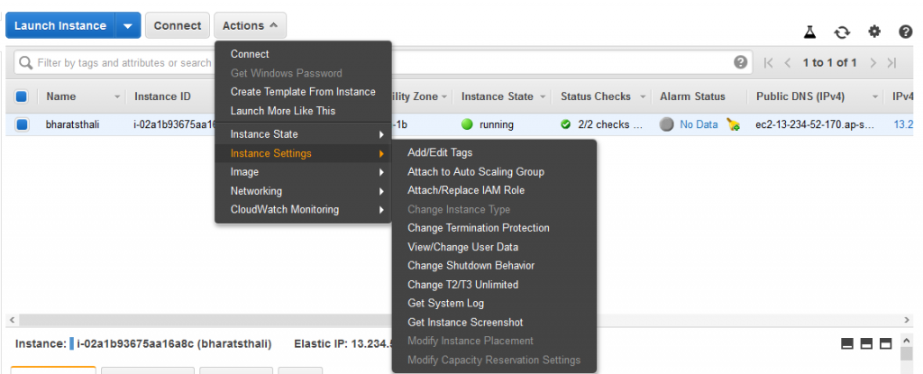 Select Actions, Instance, Settings, Change instance type