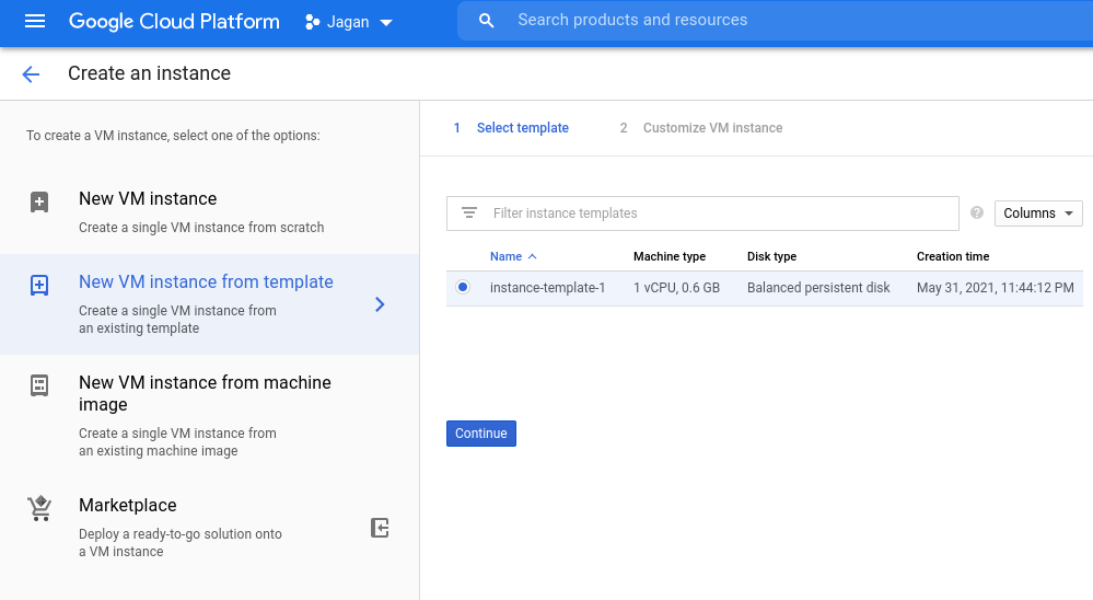 Selecting instance from template