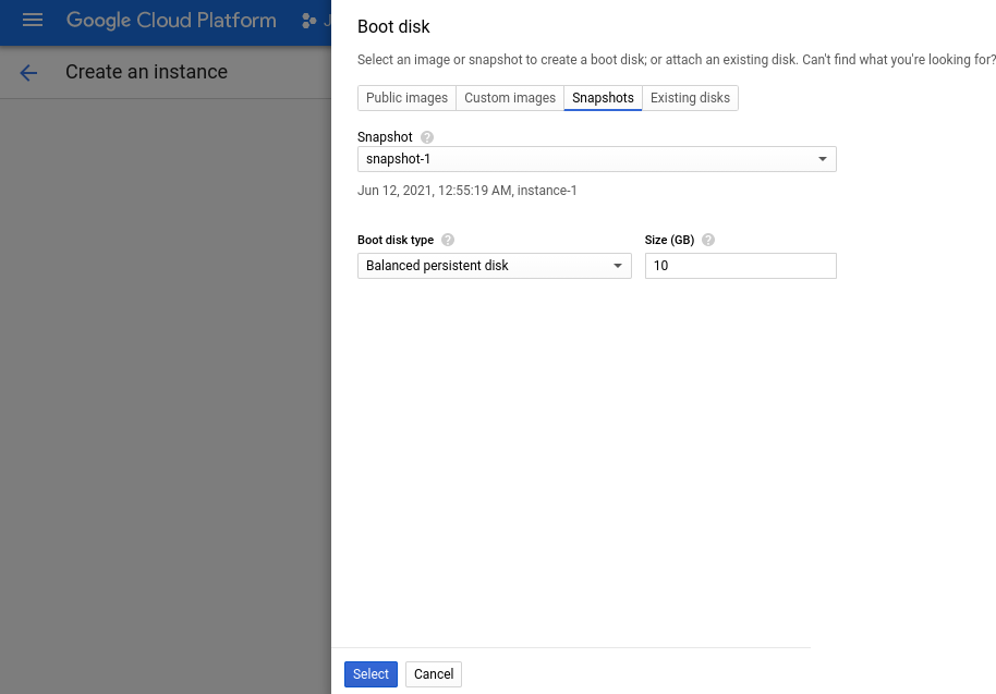 Selecting a snapshot