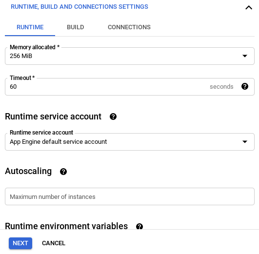 Allocating memory in cloud function