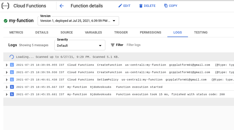 Exploring the Logs in Cloud Functions