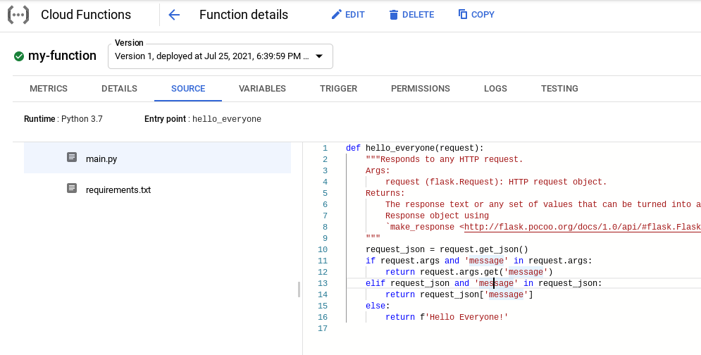 Exploring the source code in cloud function