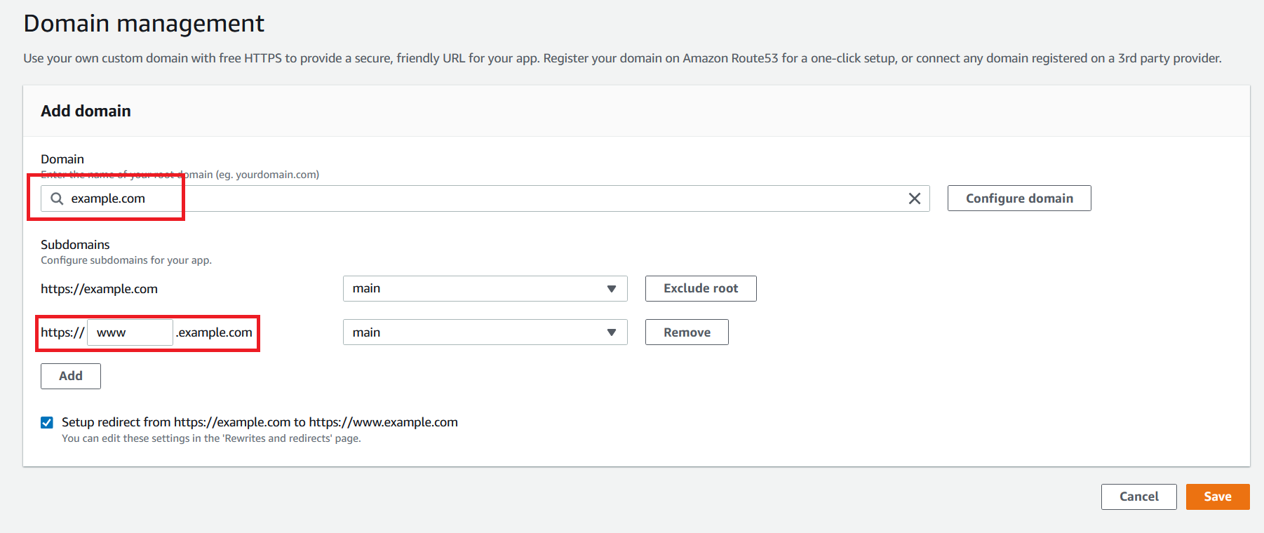 AWS Amplify Custom Domain Redirect