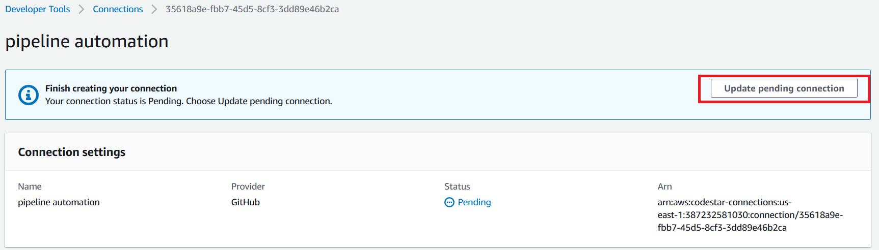 Terraform S3 Static Webhosting codepipeline Update pending Connection