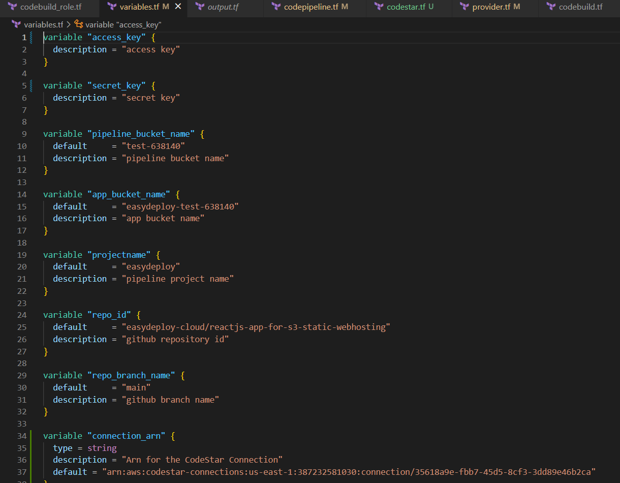 Terraform S3 Static Webhosting codepipeline Variables File