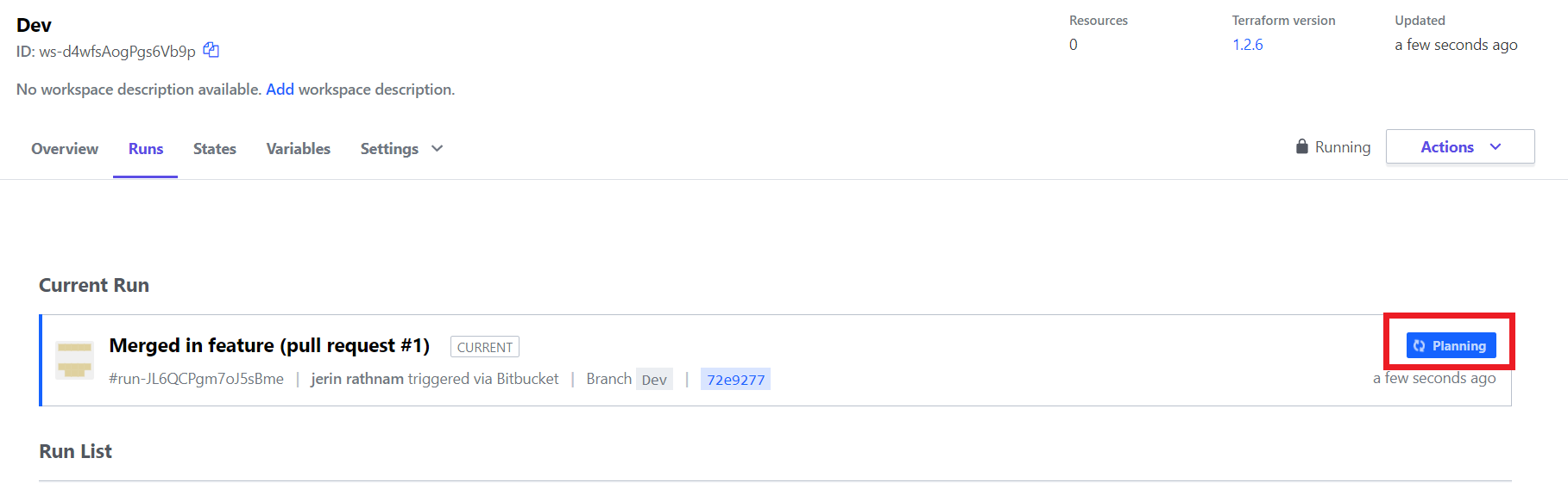Terraform Workspaces Dev Plan Triggerd