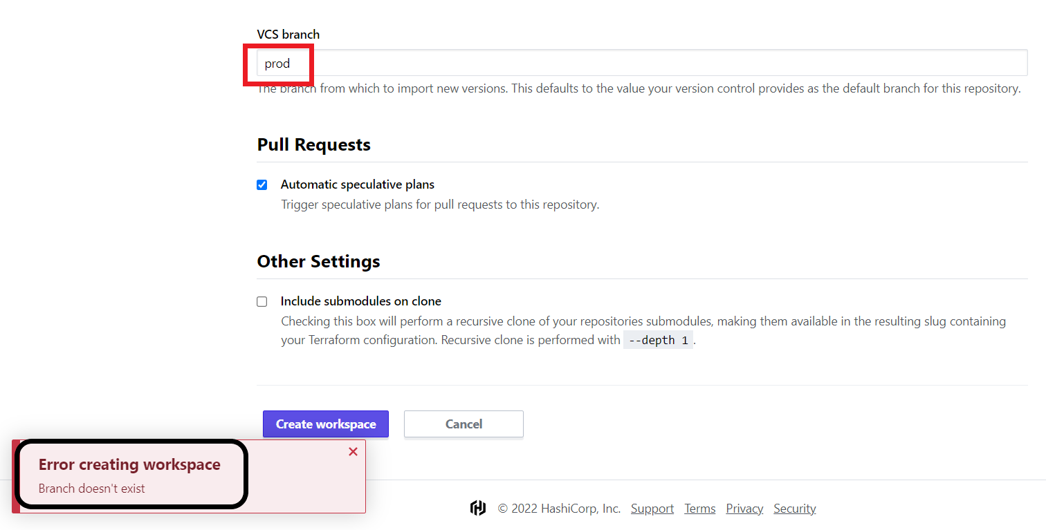 Terraform workspace Prod Error