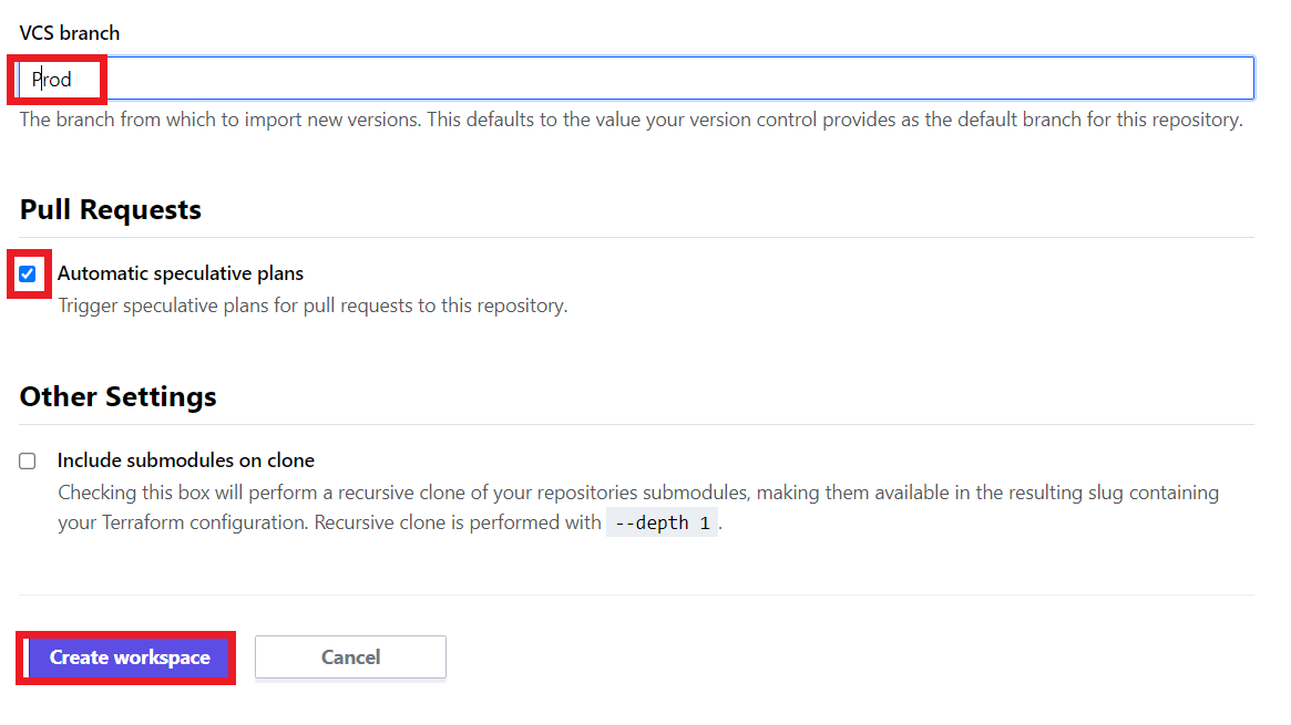 Terraform workspace Prod Set Branch and Create