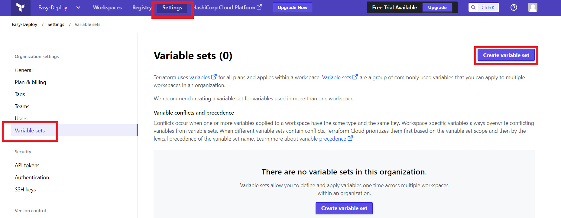 Terraform workspace Variable Set