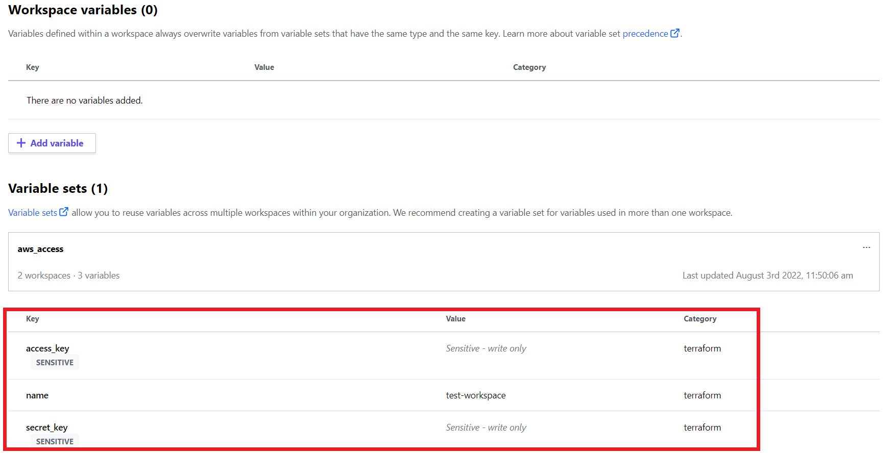 Terraform workspace variable Sets in workspaces