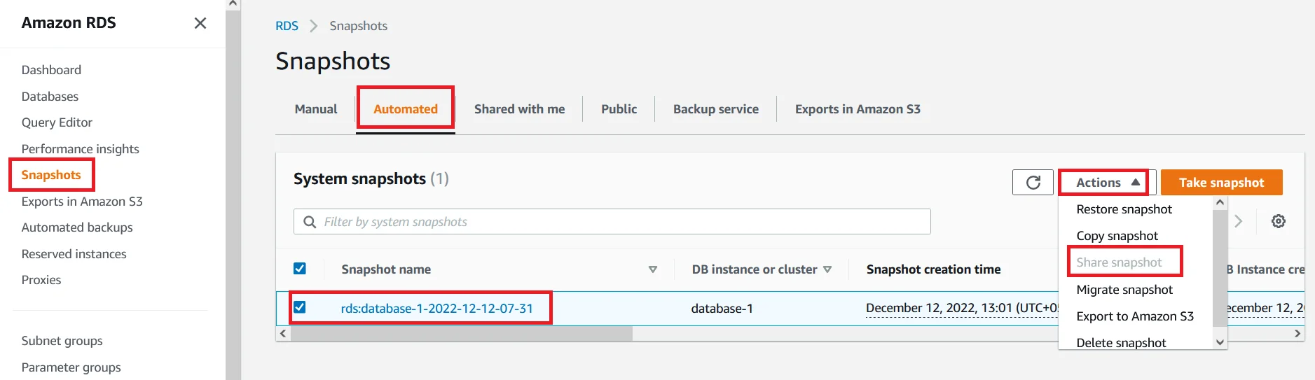 Share RDS snapshot different account Select Snapshot