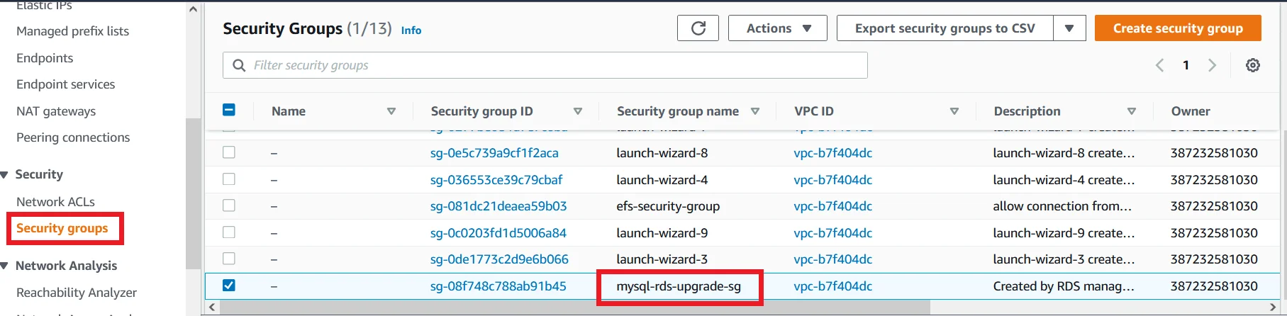 Upgrade MySQL 5.7 RDS DB Instance to Latest Version with Zero Downtime Create Security Group