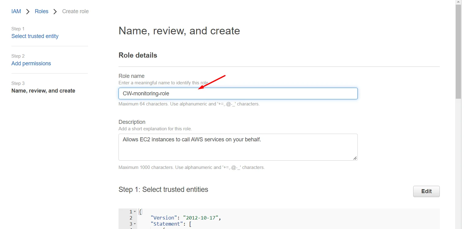 setup Memory(RAM) and diskspace monitor for EC2 instance in AWS CloudWatch role name