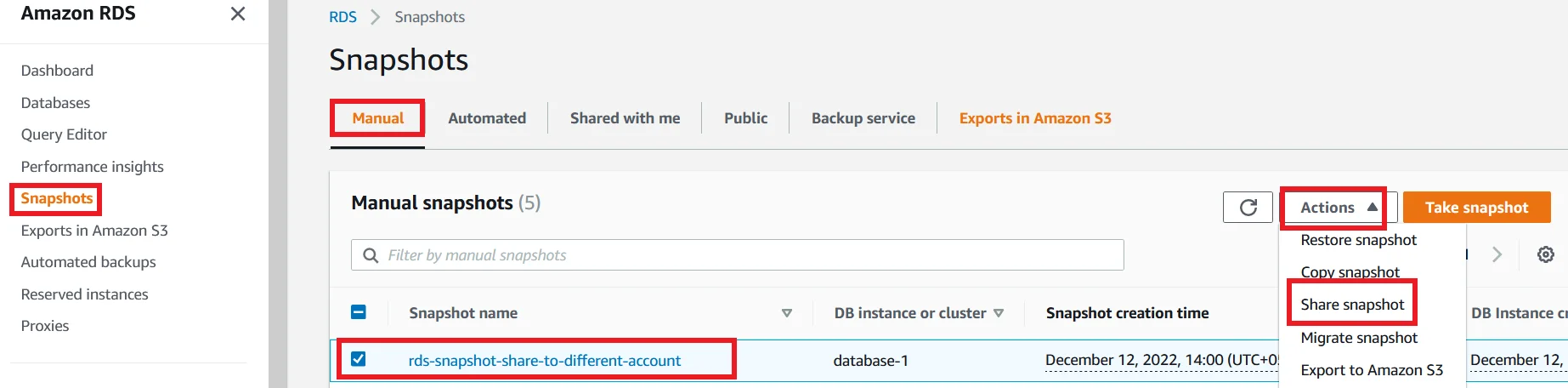 Share RDS snapshot different account Share Snapshot