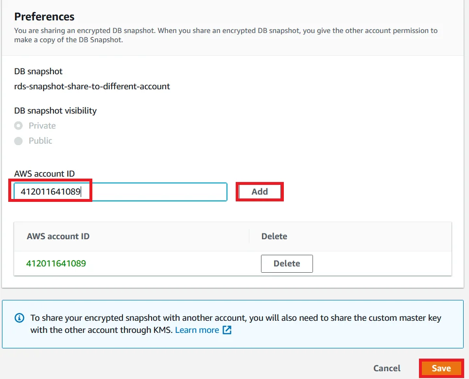 Share RDS snapshot different account Add Account B ID