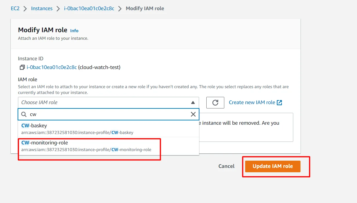 setup Memory(RAM) and diskspace monitor for EC2 instance in AWS CloudWatch select IAM