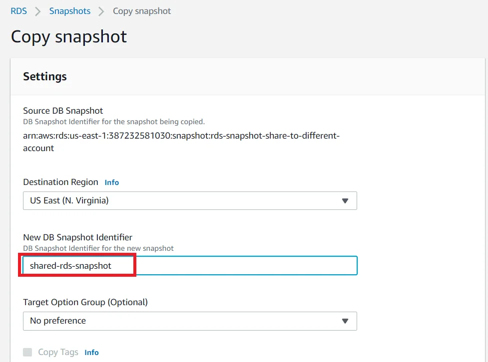 Share RDS snapshot different account Copy Snapshot in Account B with Name