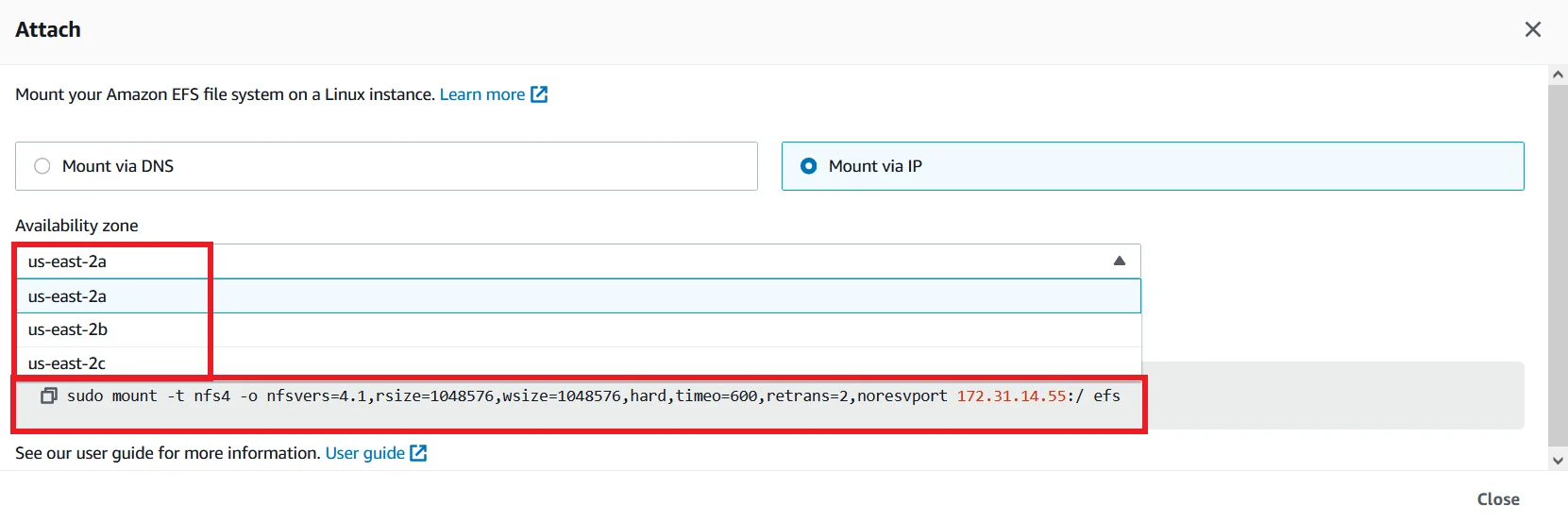 EFS mount with ec2 Mount via IP Select AZ