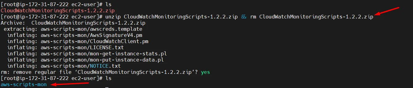 setup Memory(RAM) and diskspace monitor for EC2 instance in AWS CloudWatch remove zip file