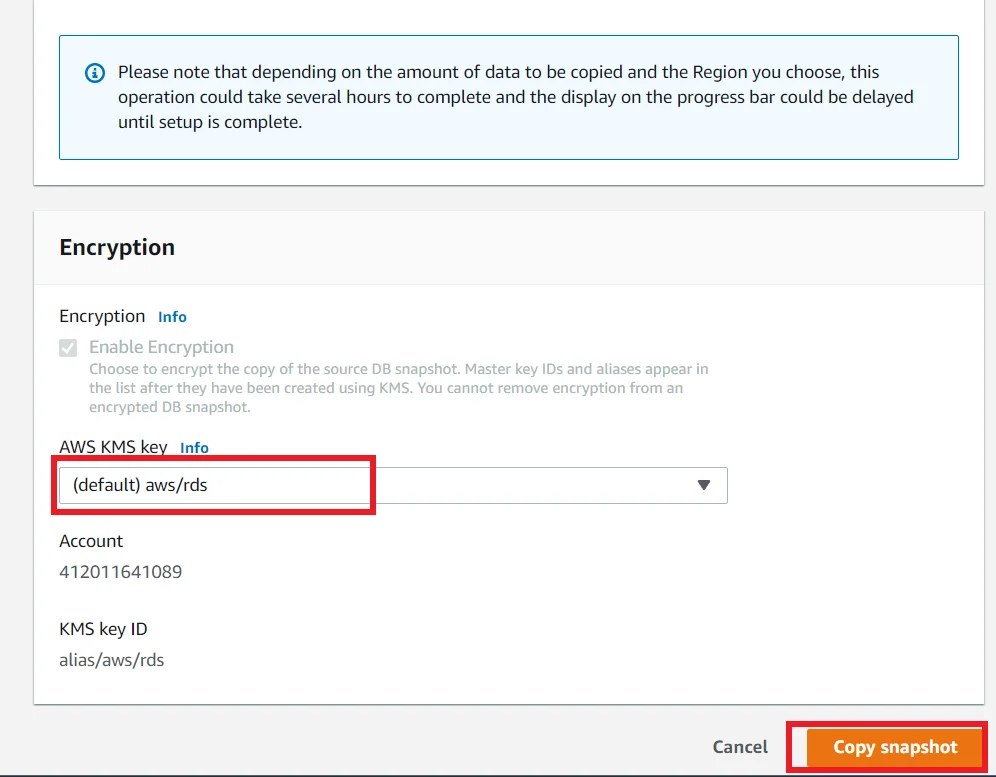 Share RDS snapshot different account Copy Snapshot in Account B Add key