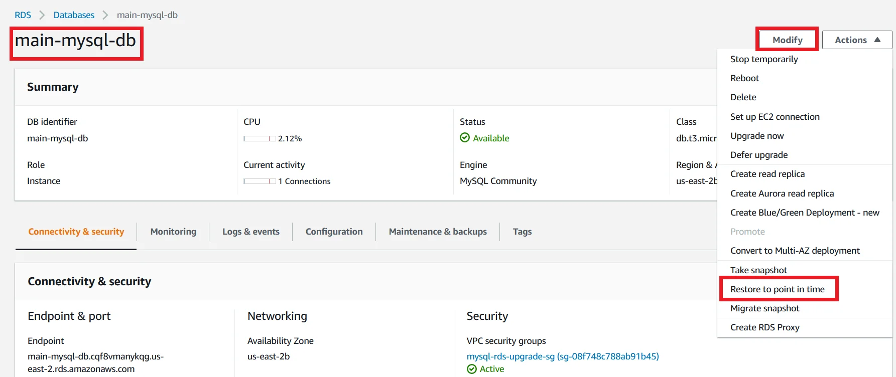 Upgrade MySQL 5.7 RDS DB Instance to Latest Version with Zero Downtime Modify Main Database