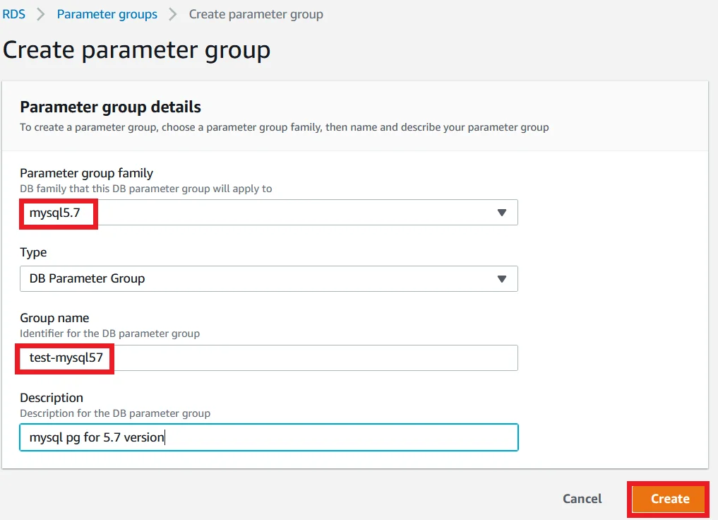 Upgrade MySQL 5.7 RDS DB Instance to Latest Version with Zero Downtime create Parameter group