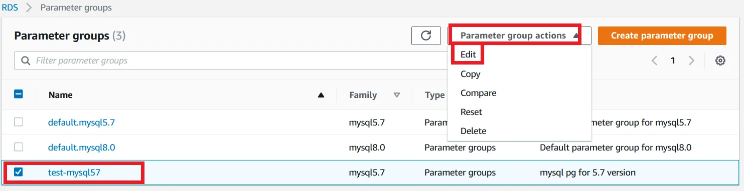 Upgrade MySQL 5.7 RDS DB Instance to Latest Version with Zero Downtime Edit Parameter group 5.7