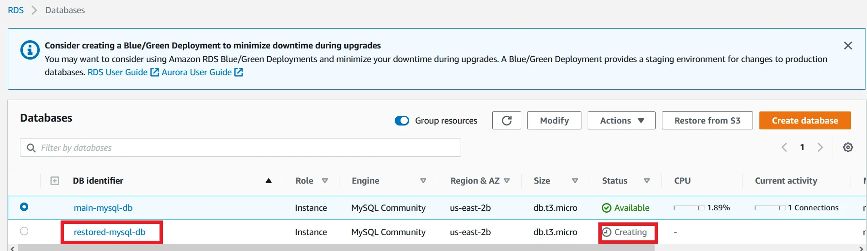 Upgrade MySQL 5.7 RDS DB Instance to Latest Version with Zero Downtime Restore Database Point In Time Creating