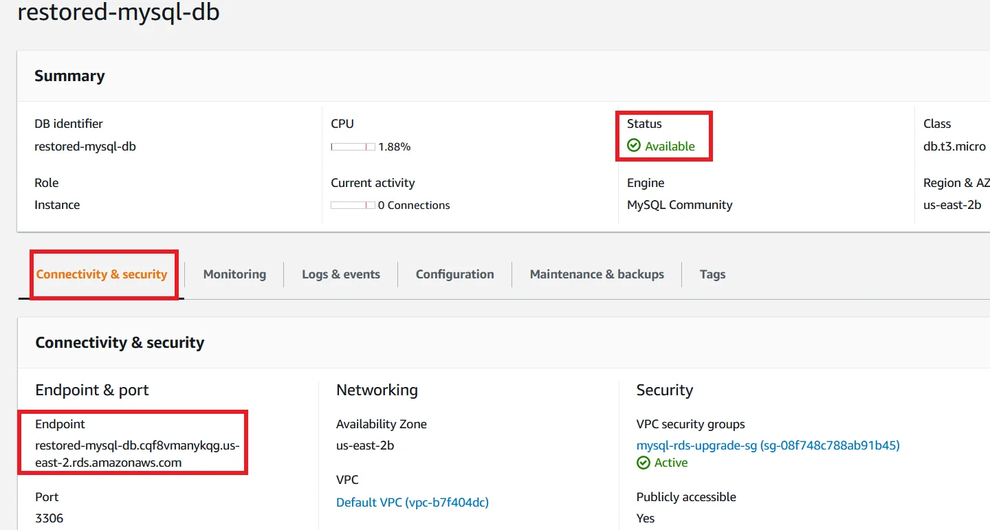 Upgrade MySQL 5.7 RDS DB Instance to Latest Version with Zero Downtime Restore Database Point In Time Created