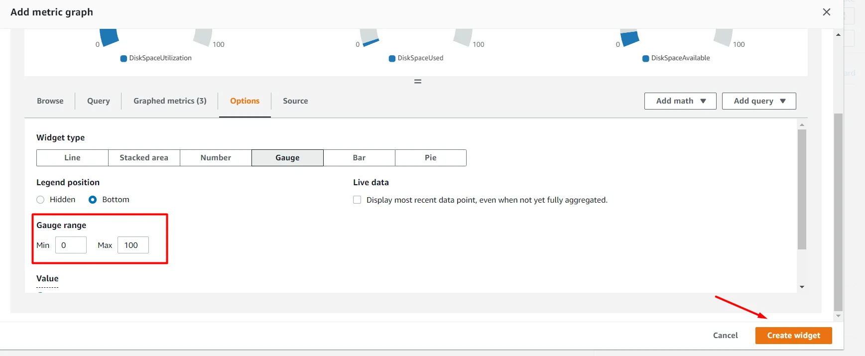 setup Memory(RAM) and diskspace monitor for EC2 instance in AWS CloudWatch gauge range