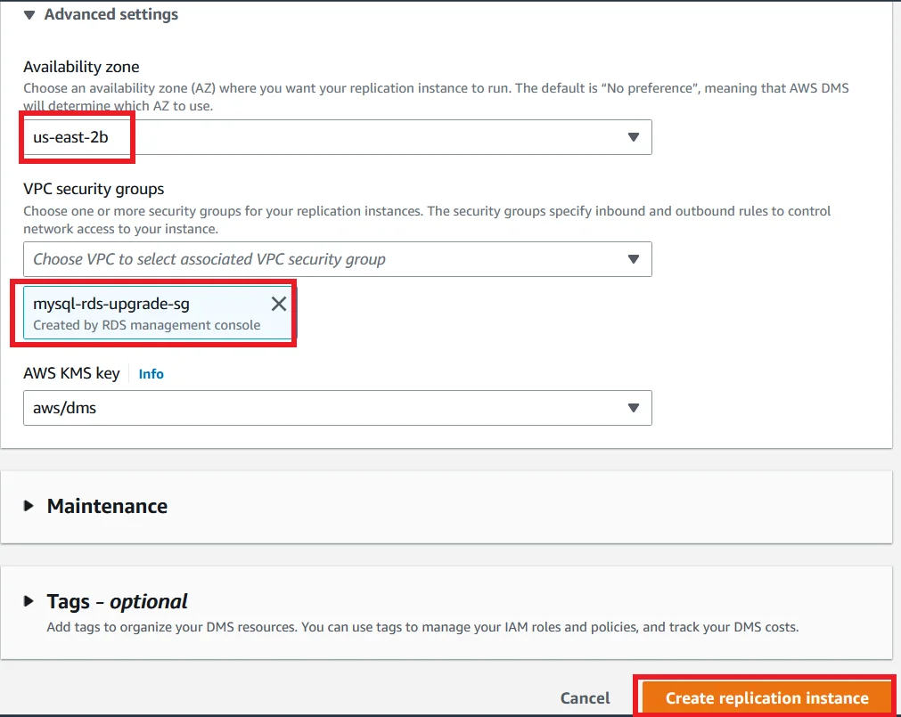 Upgrade MySQL 5.7 RDS DB Instance to Latest Version with Zero Downtime Create Replication Instance Advanced Settings and Create