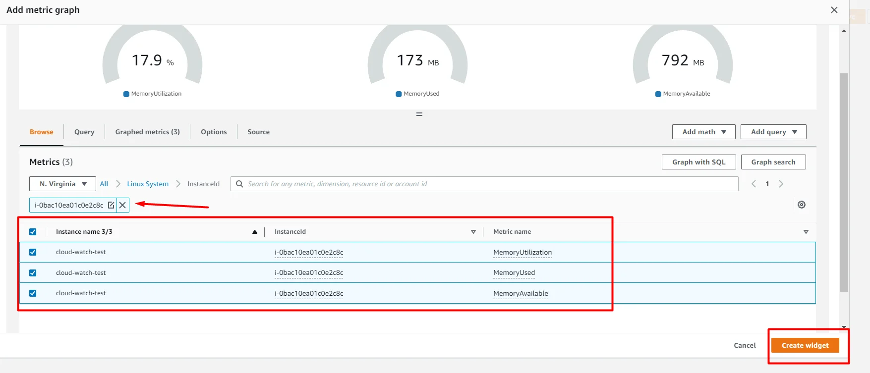 setup Memory(RAM) and diskspace monitor for EC2 instance in AWS CloudWatch select instance metrics