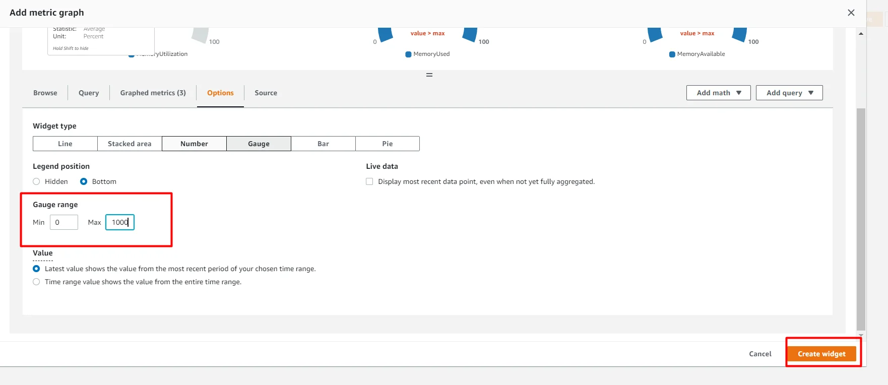 setup Memory(RAM) and diskspace monitor for EC2 instance in AWS CloudWatch gauge range