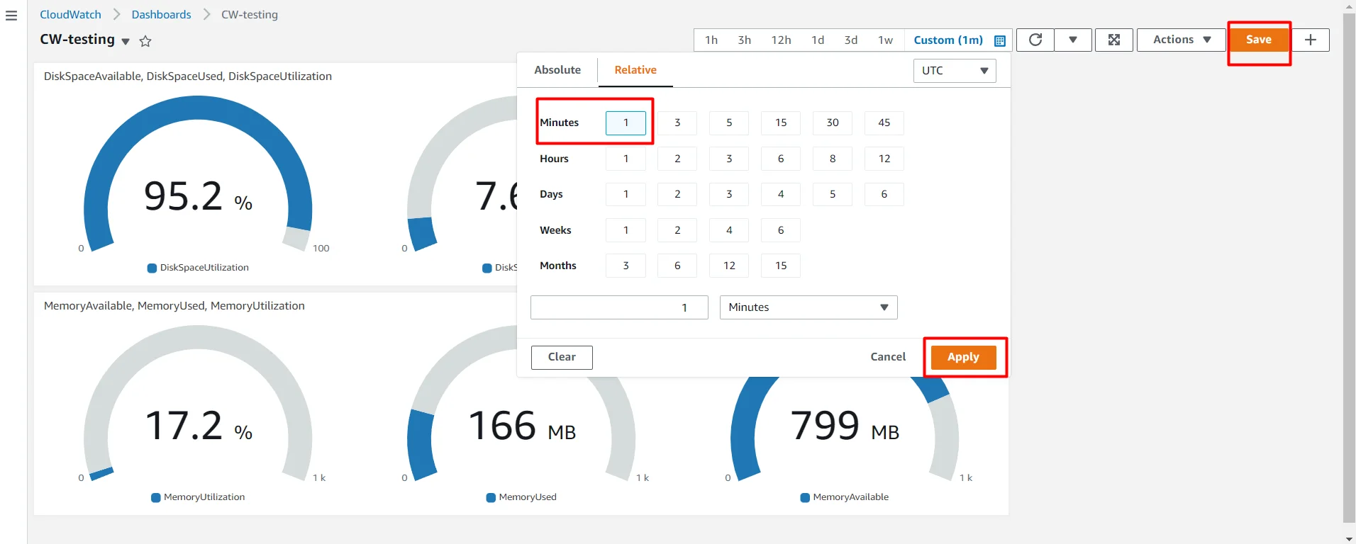 setup Memory(RAM) and diskspace monitor for EC2 instance in AWS CloudWatch save