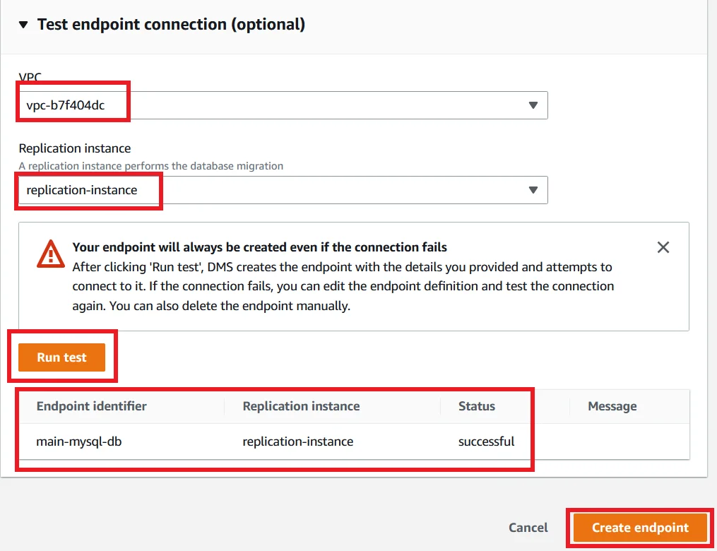 Upgrade MySQL 5.7 RDS DB Instance to Latest Version with Zero Downtime Test Source Endpoint Connection