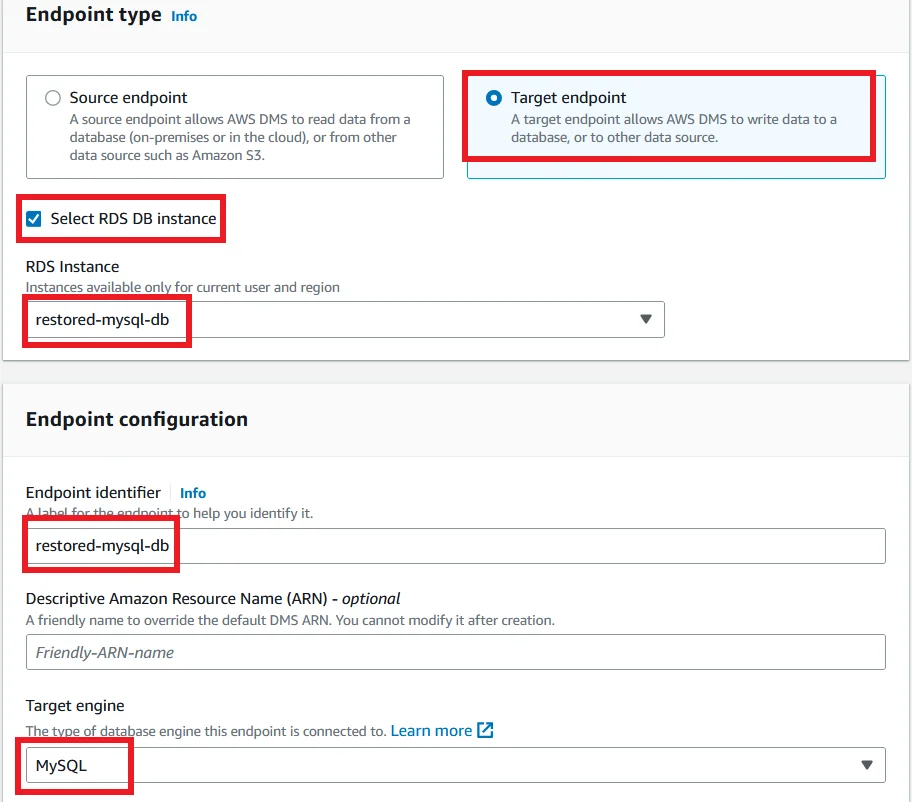 Upgrade MySQL 5.7 RDS DB Instance to Latest Version with Zero Downtime Target Endpoint Create