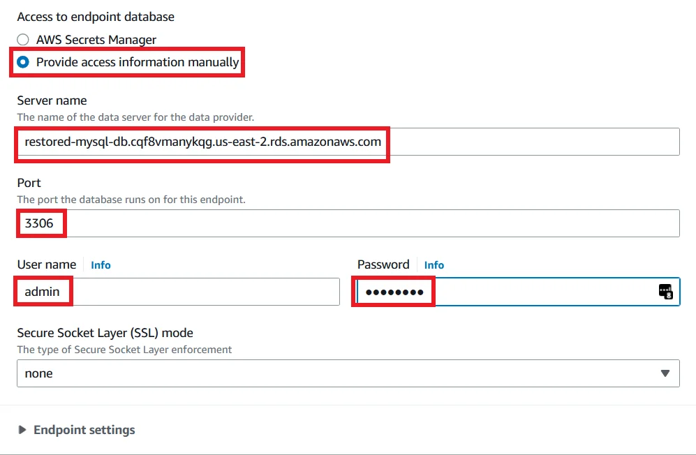 Upgrade MySQL 5.7 RDS DB Instance to Latest Version with Zero Downtime Target Endpoint details