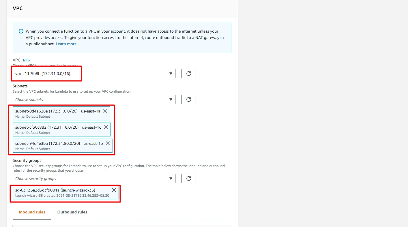 Attach VPC with Existing Lambda vpcSelection