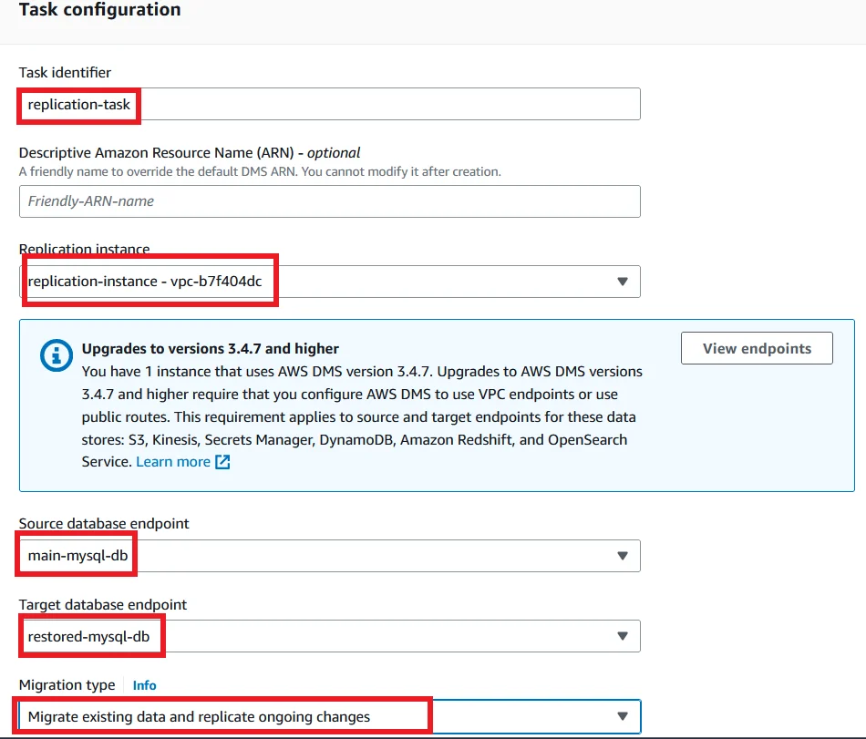 Upgrade MySQL 5.7 RDS DB Instance to Latest Version with Zero Downtime Database Migration Task Configuration