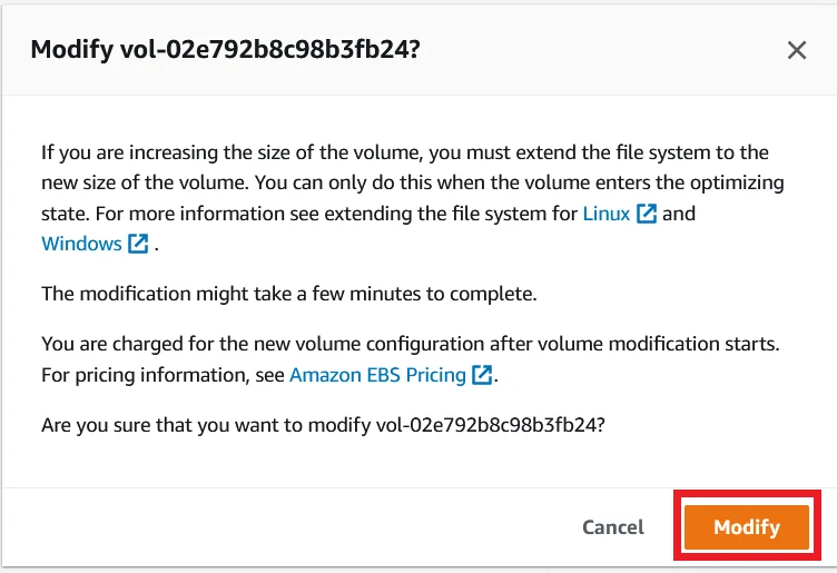 Increase Ebs Volume With Ec2 Modify Volume Size Confirmation
