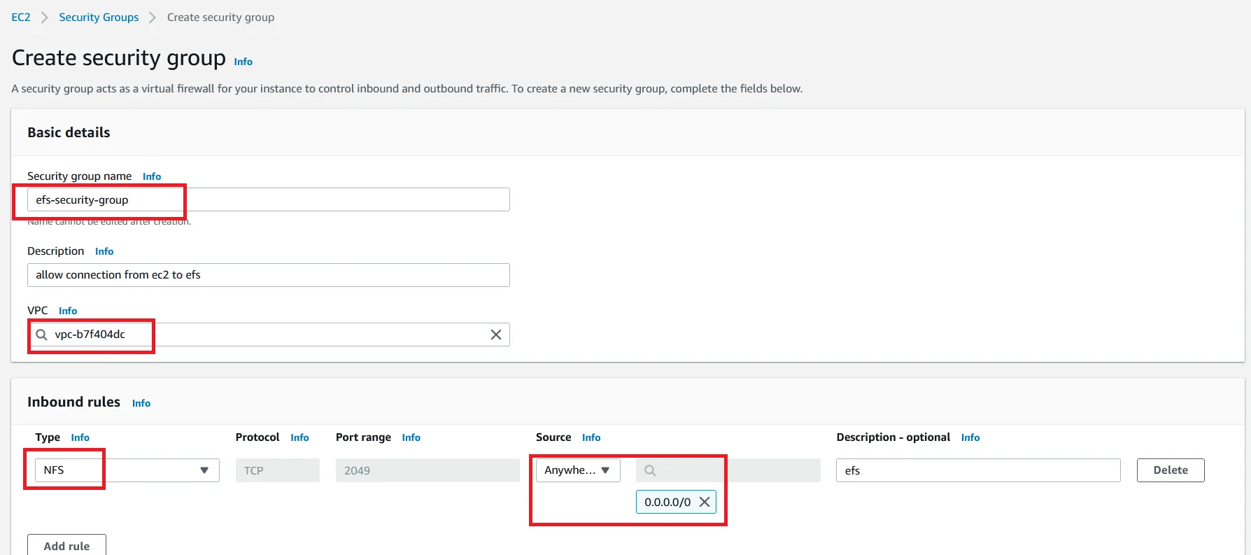 EFS mount with ec2 Create Security Group with Inbound Rule