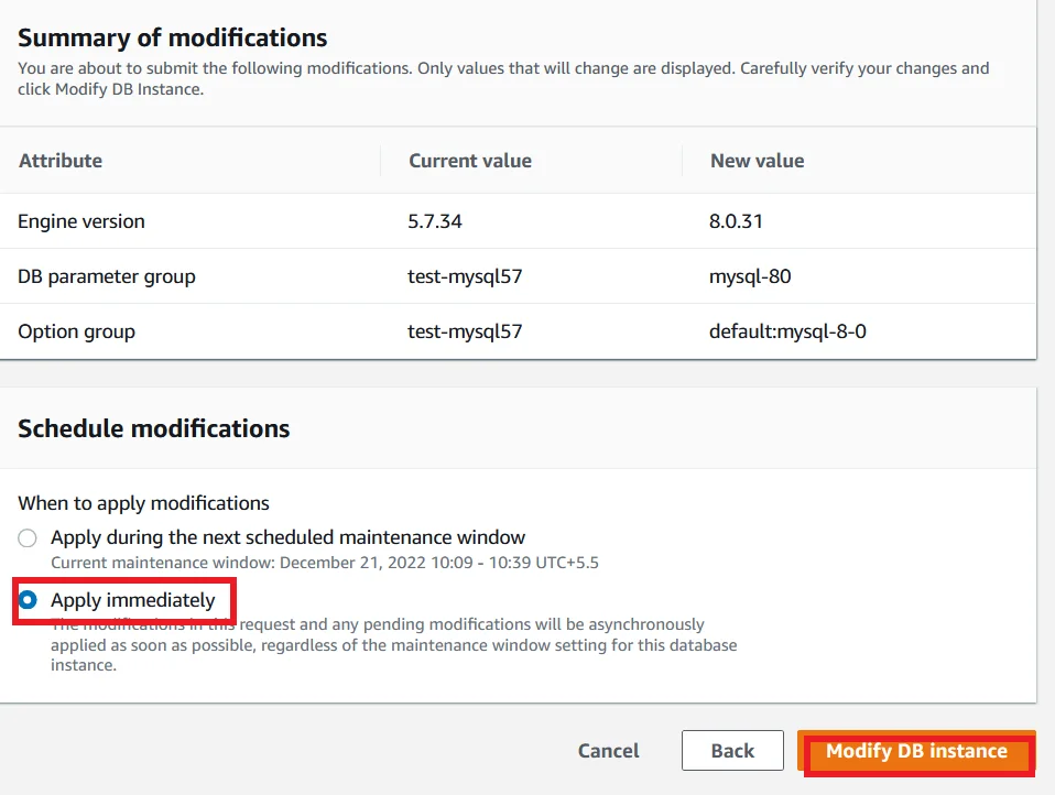 Upgrade MySQL 5.7 RDS DB Instance to Latest Version with Zero Downtime List Modify RDS DB Instance