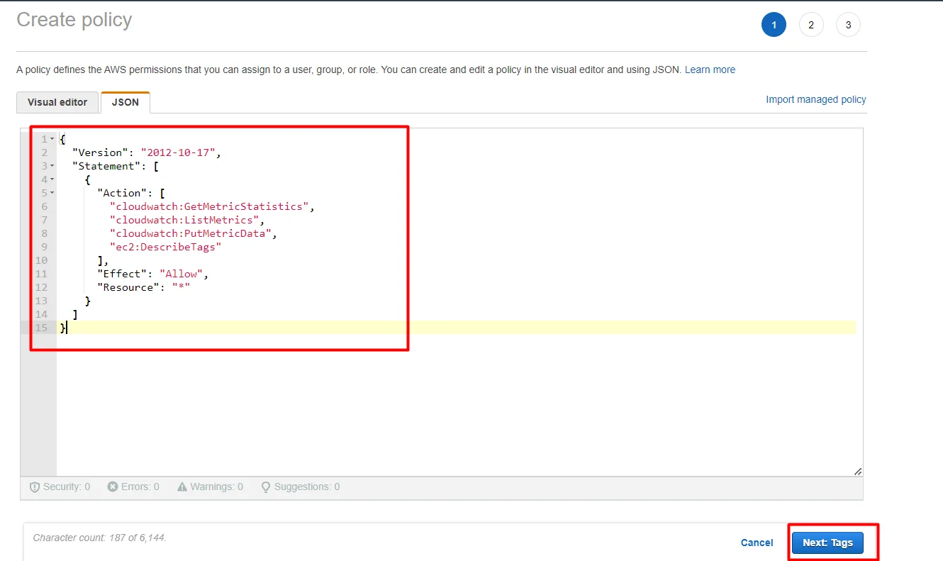 setup Memory(RAM) and diskspace monitor for EC2 instance in AWS CloudWatch json code