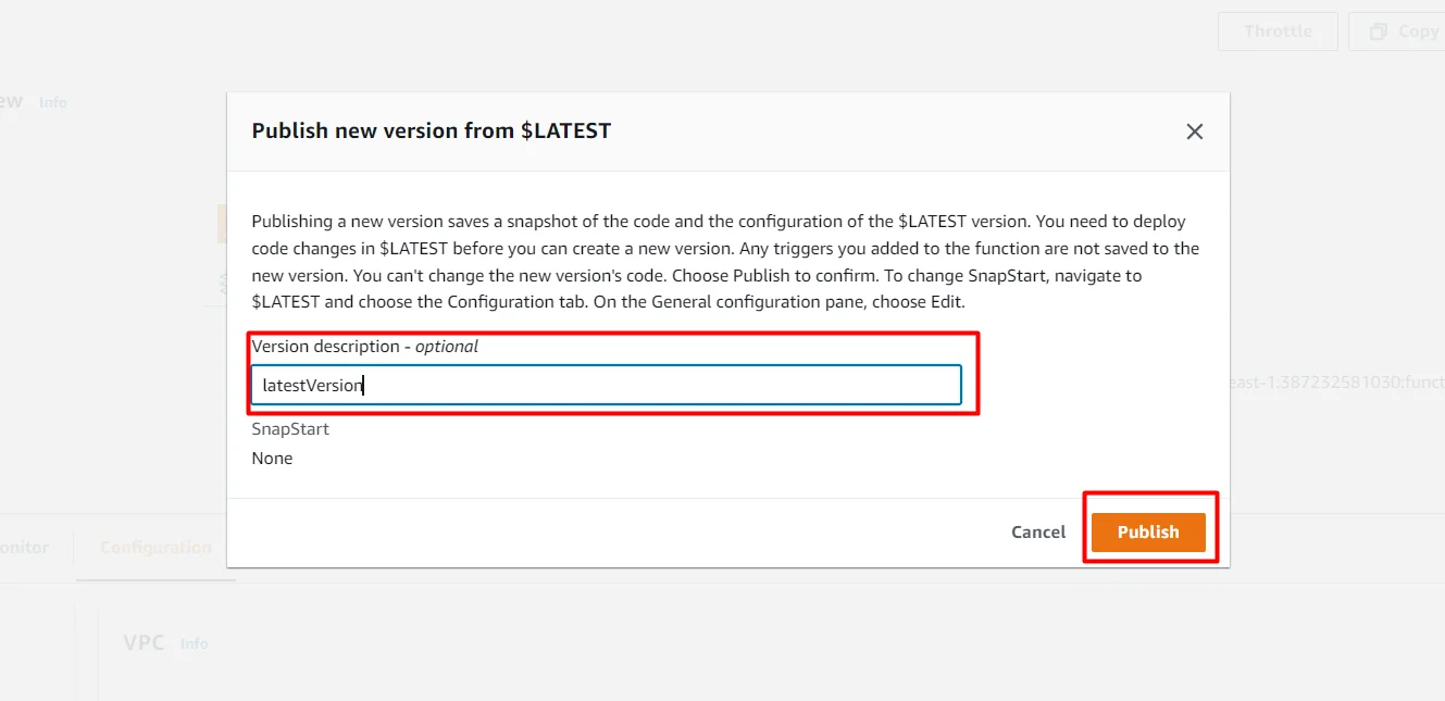 Attach VPC with Existing Lambda publish