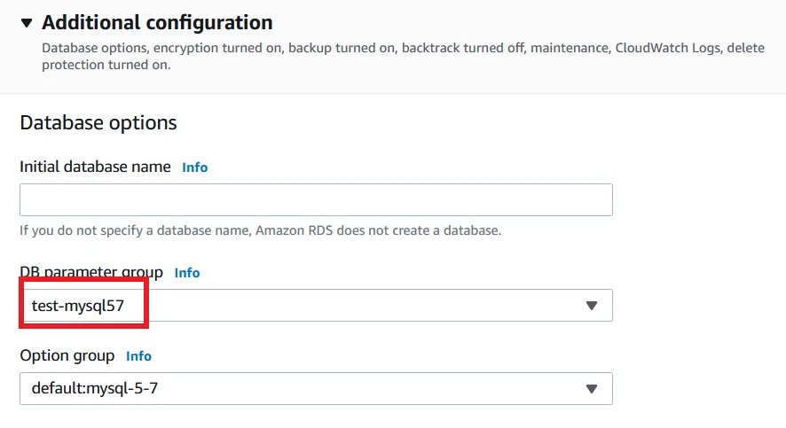 Upgrade MySQL 5.7 RDS DB Instance to Latest Version with Zero Downtime Create Database Addtional options