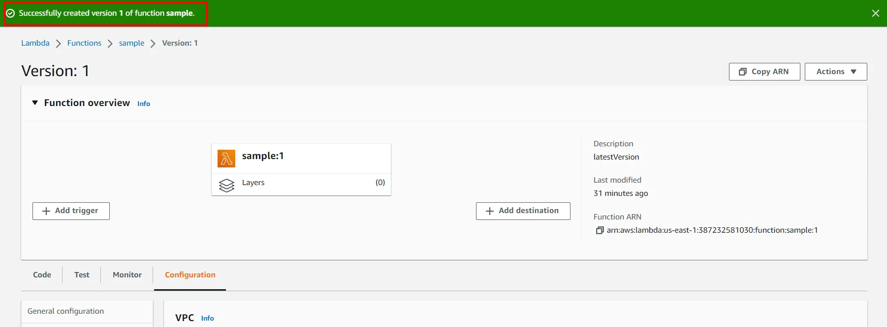 Attach VPC with Existing Lambda version-success-notify