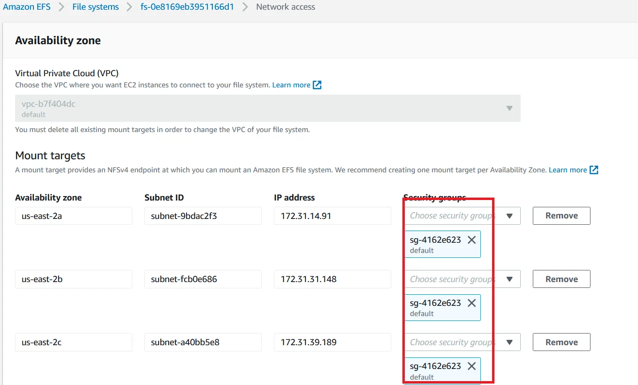 EFS mount with ec2 Remove Default Security Group