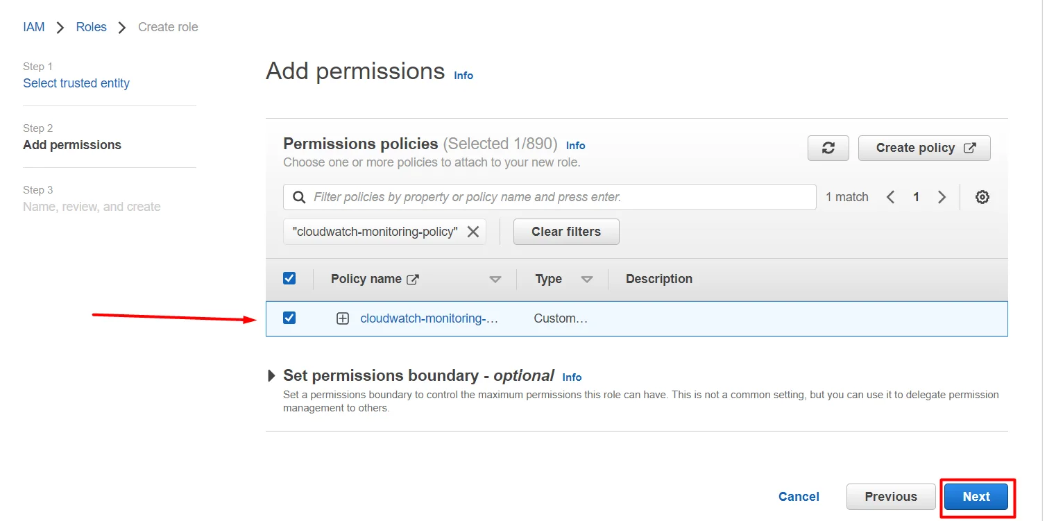 setup Memory(RAM) and diskspace monitor for EC2 instance in AWS CloudWatch select policy