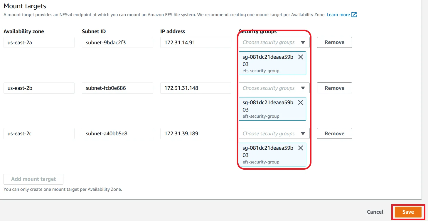 EFS mount with ec2 Add Security Group